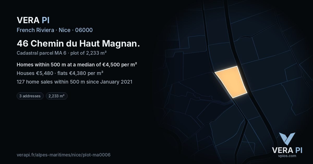 46 Chemin du Haut Magnan, Nice at night – the plot lit, the parcels around coloured by the prices near them