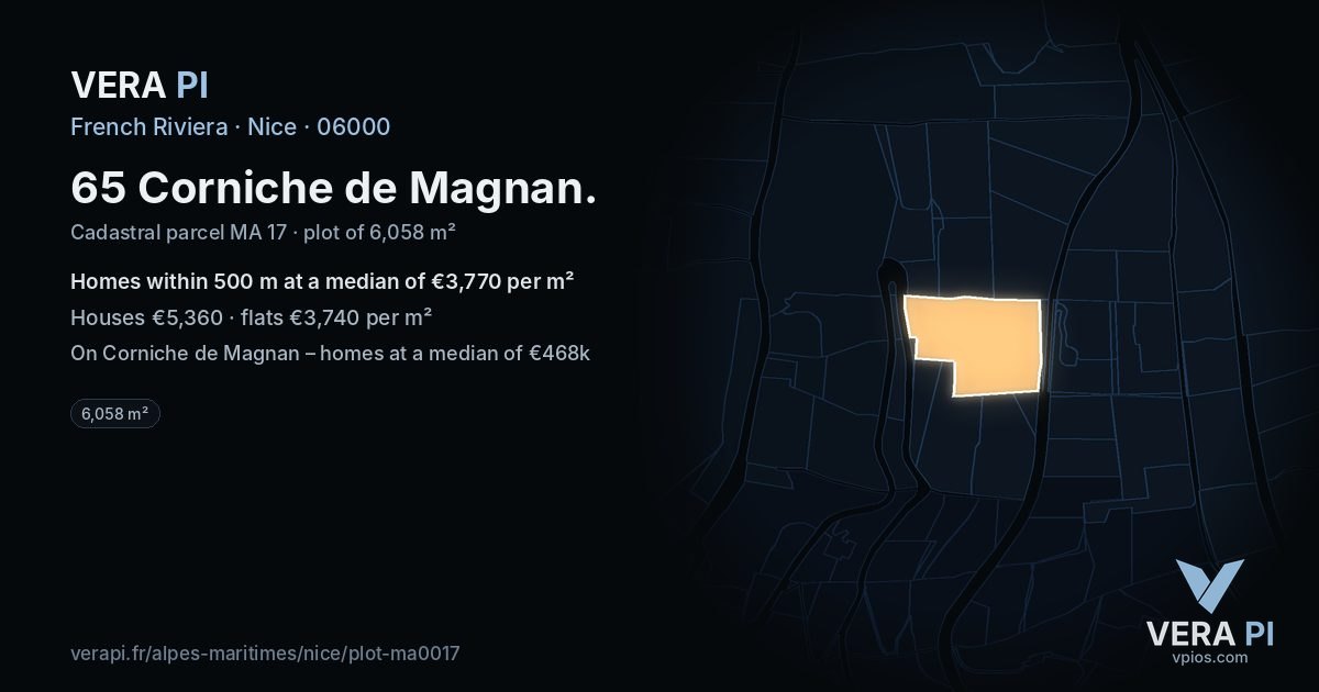 65 Corniche de Magnan, Nice at night – the plot lit, the parcels around coloured by the prices near them