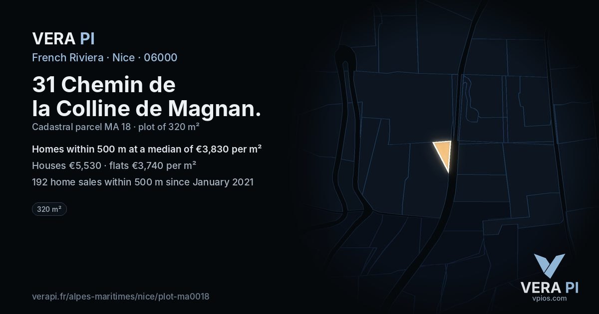 31 Chemin de la Colline de Magnan, Nice at night – the plot lit, the parcels around coloured by the prices near them