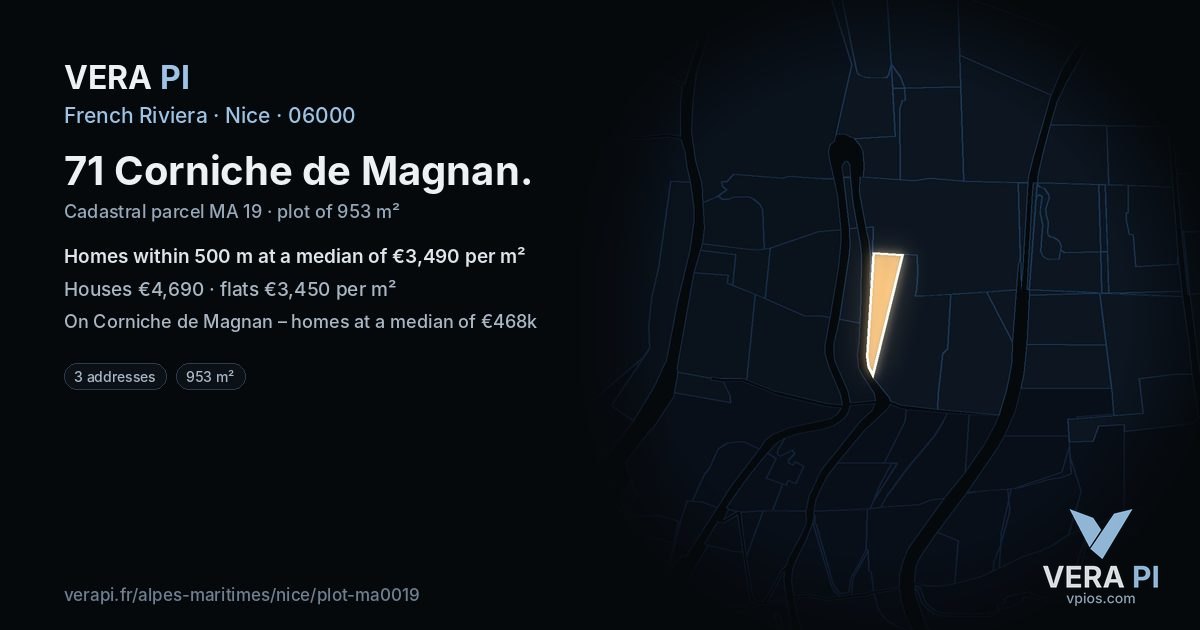 71 Corniche de Magnan, Nice at night – the plot lit, the parcels around coloured by the prices near them