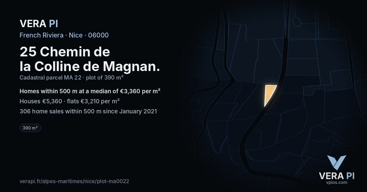 25 Chemin de la Colline de Magnan, Nice at night – the plot lit, the parcels around coloured by the prices near them