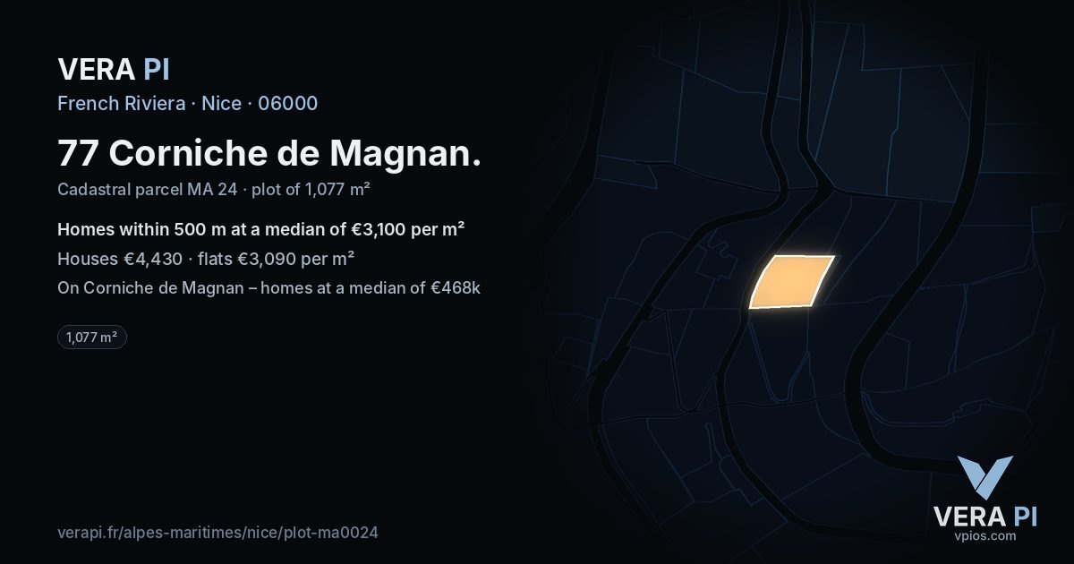 77 Corniche de Magnan, Nice at night – the plot lit, the parcels around coloured by the prices near them