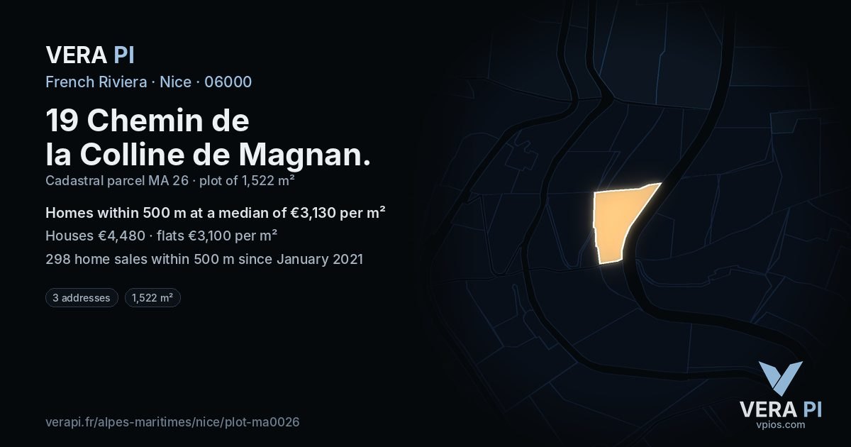 19 Chemin de la Colline de Magnan, Nice at night – the plot lit, the parcels around coloured by the prices near them