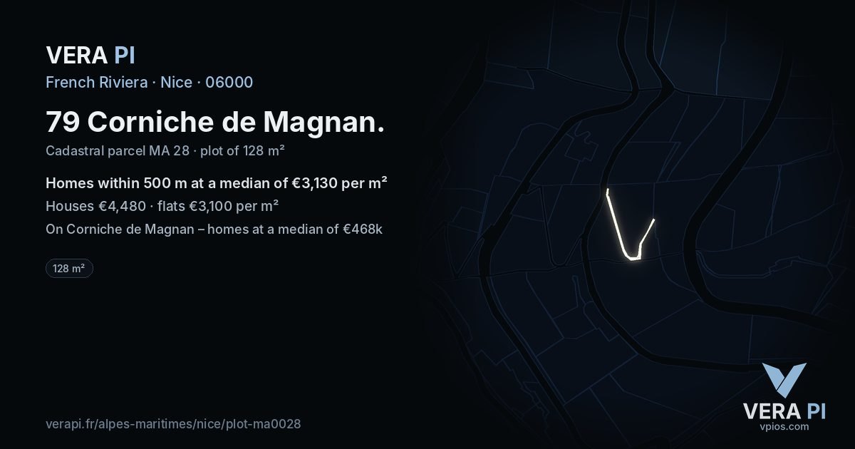 79 Corniche de Magnan, Nice at night – the plot lit, the parcels around coloured by the prices near them