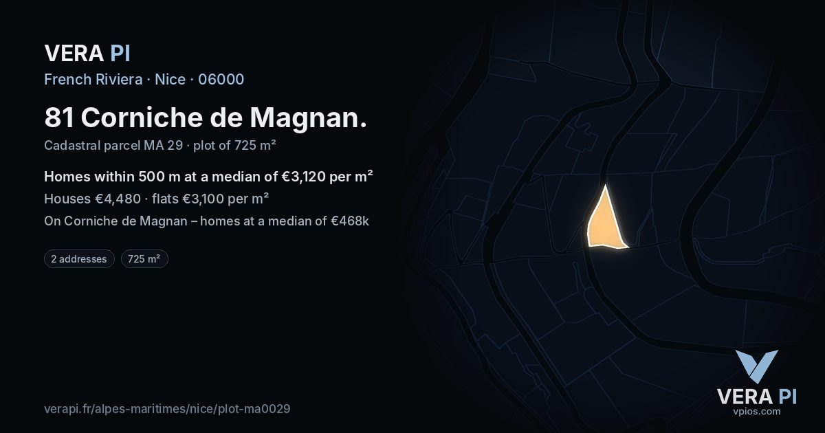 81 Corniche de Magnan, Nice at night – the plot lit, the parcels around coloured by the prices near them