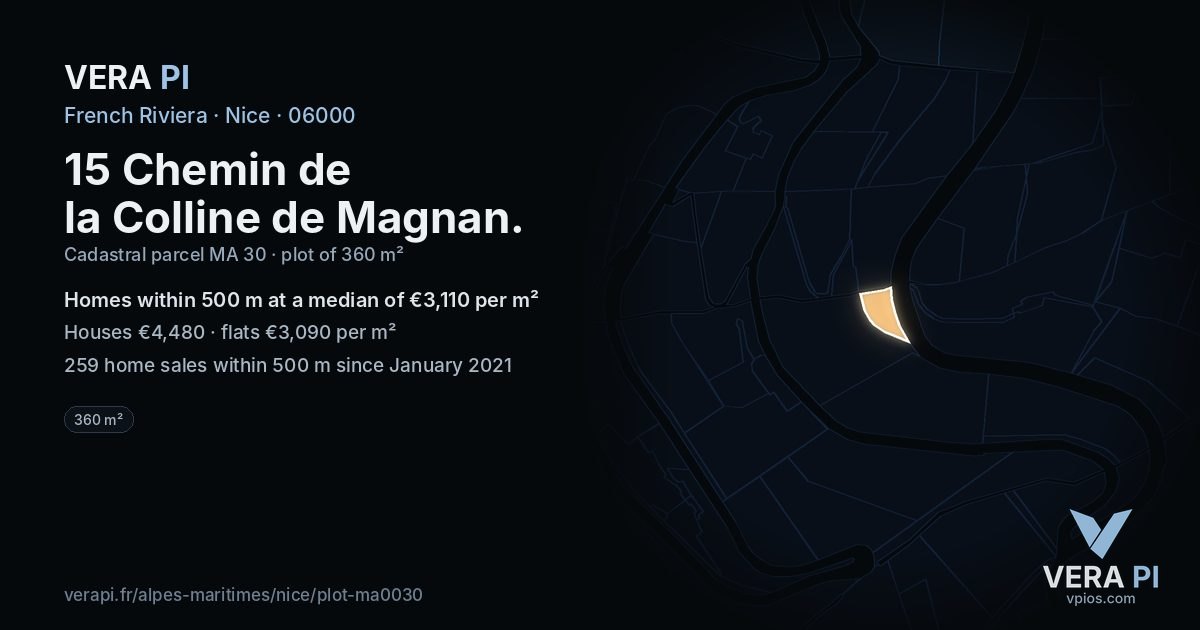 15 Chemin de la Colline de Magnan, Nice at night – the plot lit, the parcels around coloured by the prices near them