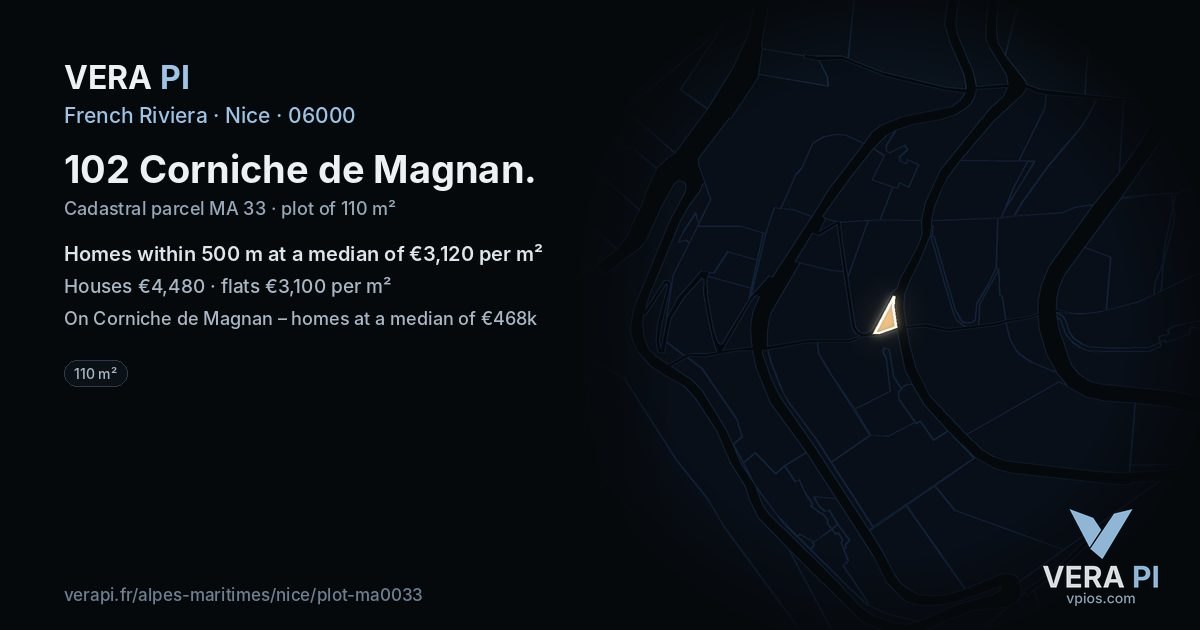 102 Corniche de Magnan, Nice at night – the plot lit, the parcels around coloured by the prices near them