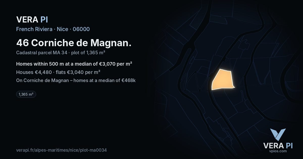 46 Corniche de Magnan, Nice at night – the plot lit, the parcels around coloured by the prices near them
