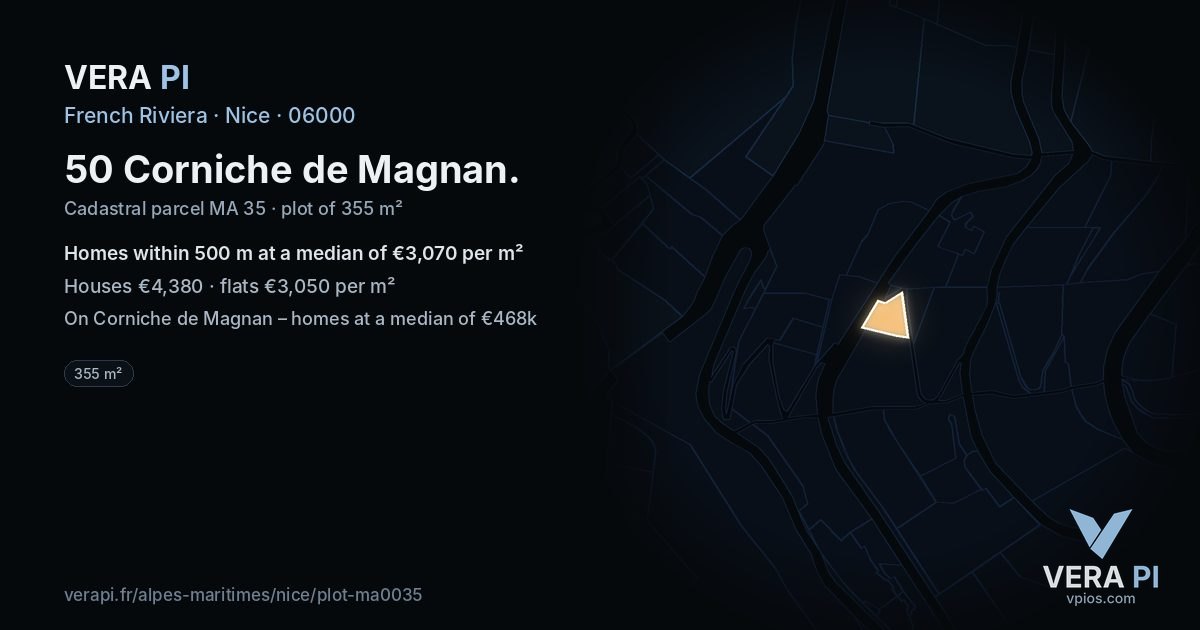 50 Corniche de Magnan, Nice at night – the plot lit, the parcels around coloured by the prices near them