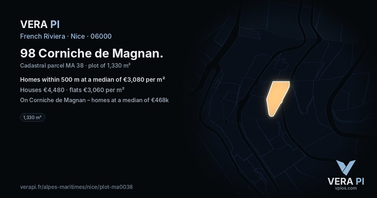 98 Corniche de Magnan, Nice at night – the plot lit, the parcels around coloured by the prices near them