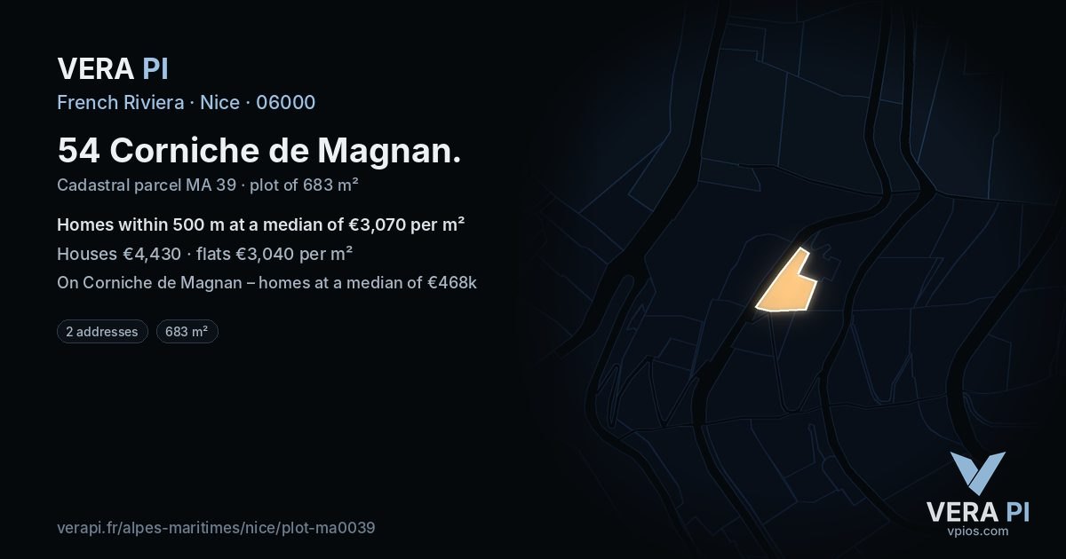 54 Corniche de Magnan, Nice at night – the plot lit, the parcels around coloured by the prices near them
