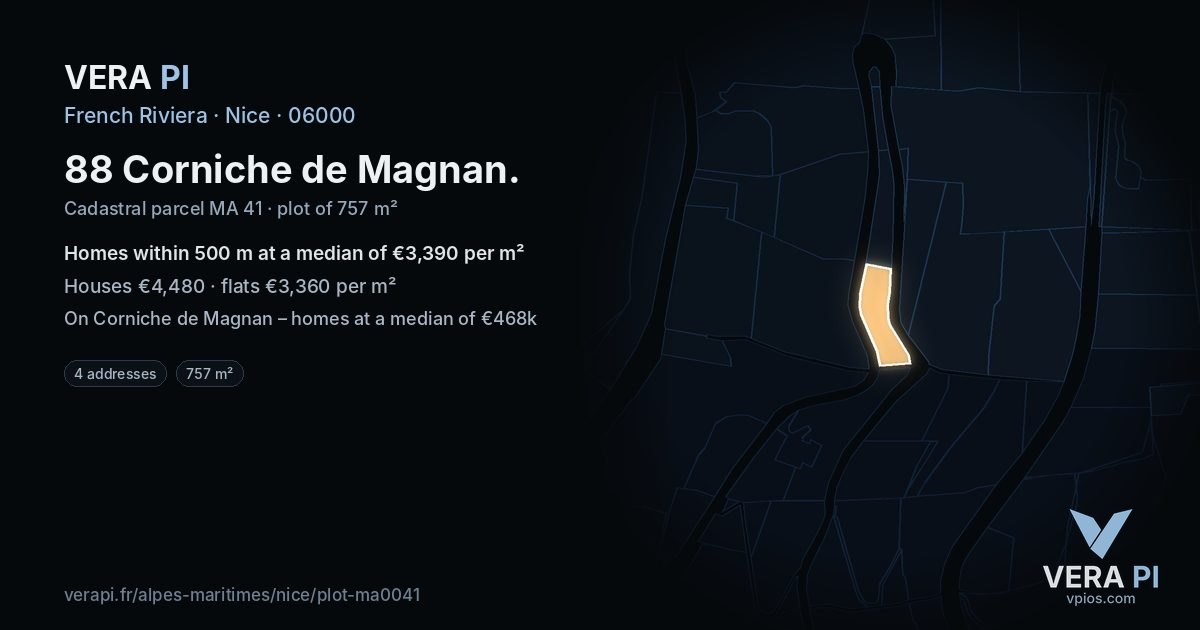 88 Corniche de Magnan, Nice at night – the plot lit, the parcels around coloured by the prices near them