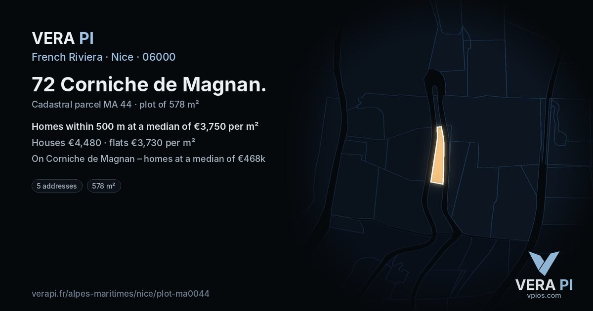 72 Corniche de Magnan, Nice at night – the plot lit, the parcels around coloured by the prices near them