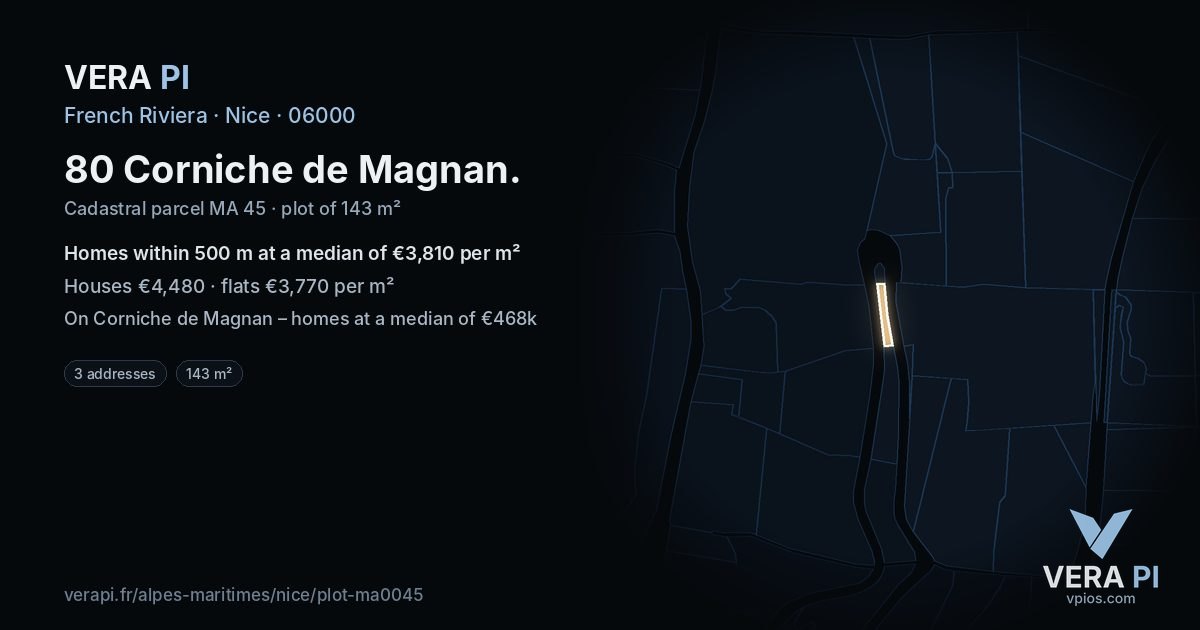 80 Corniche de Magnan, Nice at night – the plot lit, the parcels around coloured by the prices near them