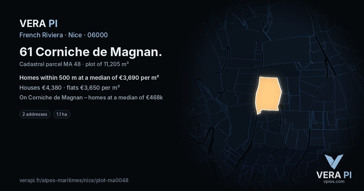 61 Corniche de Magnan, Nice at night – the plot lit, the parcels around coloured by the prices near them