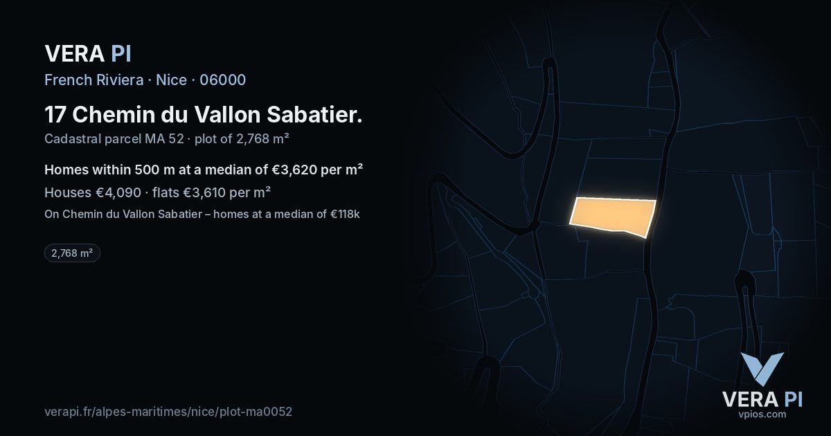 17 Chemin du Vallon Sabatier, Nice at night – the plot lit, the parcels around coloured by the prices near them