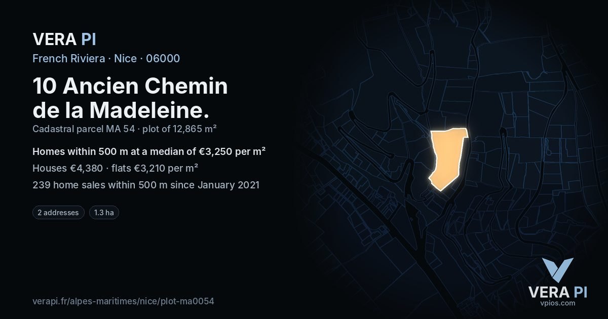 10 Ancien Chemin de la Madeleine, Nice at night – the plot lit, the parcels around coloured by the prices near them