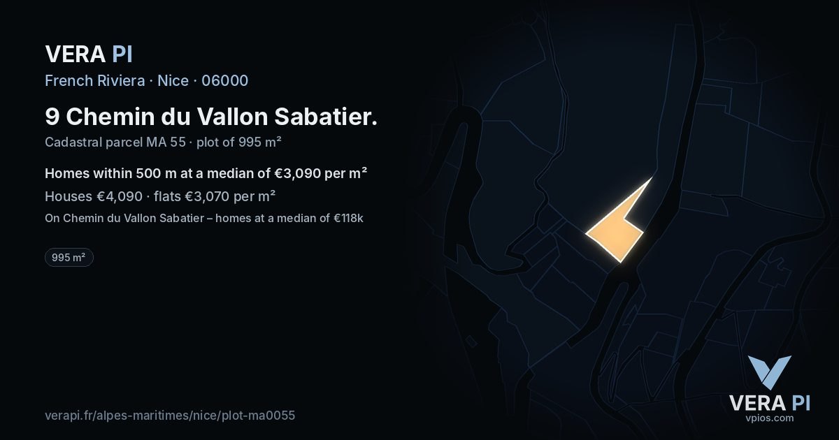 9 Chemin du Vallon Sabatier, Nice at night – the plot lit, the parcels around coloured by the prices near them