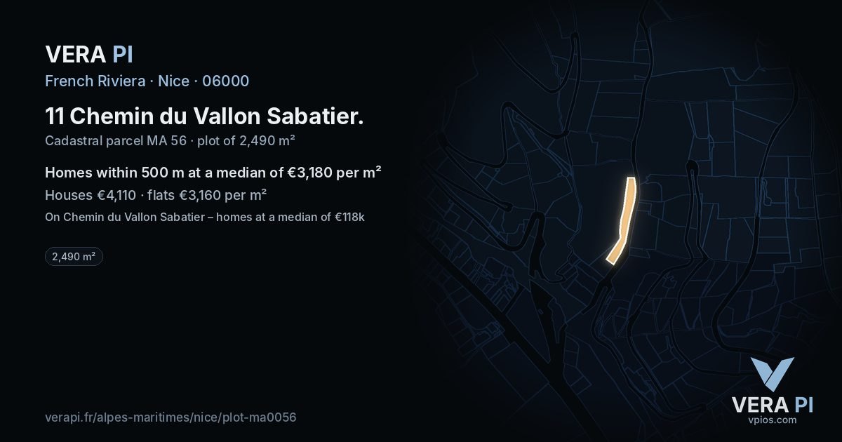 11 Chemin du Vallon Sabatier, Nice at night – the plot lit, the parcels around coloured by the prices near them