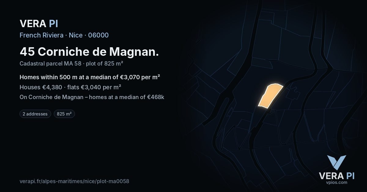 45 Corniche de Magnan, Nice at night – the plot lit, the parcels around coloured by the prices near them