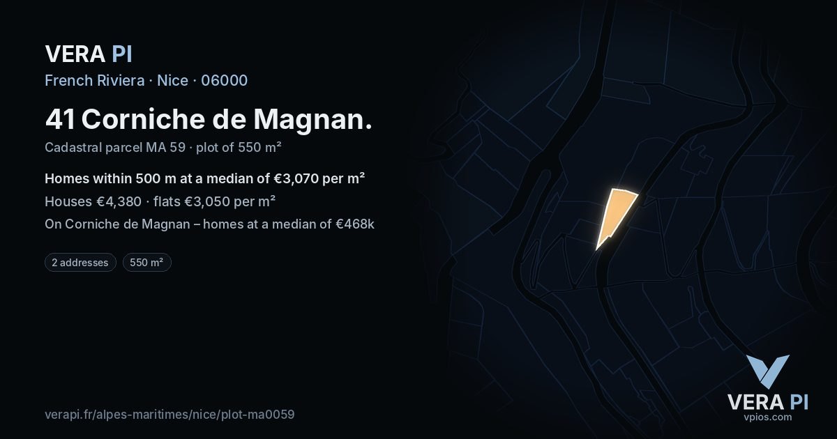 41 Corniche de Magnan, Nice at night – the plot lit, the parcels around coloured by the prices near them