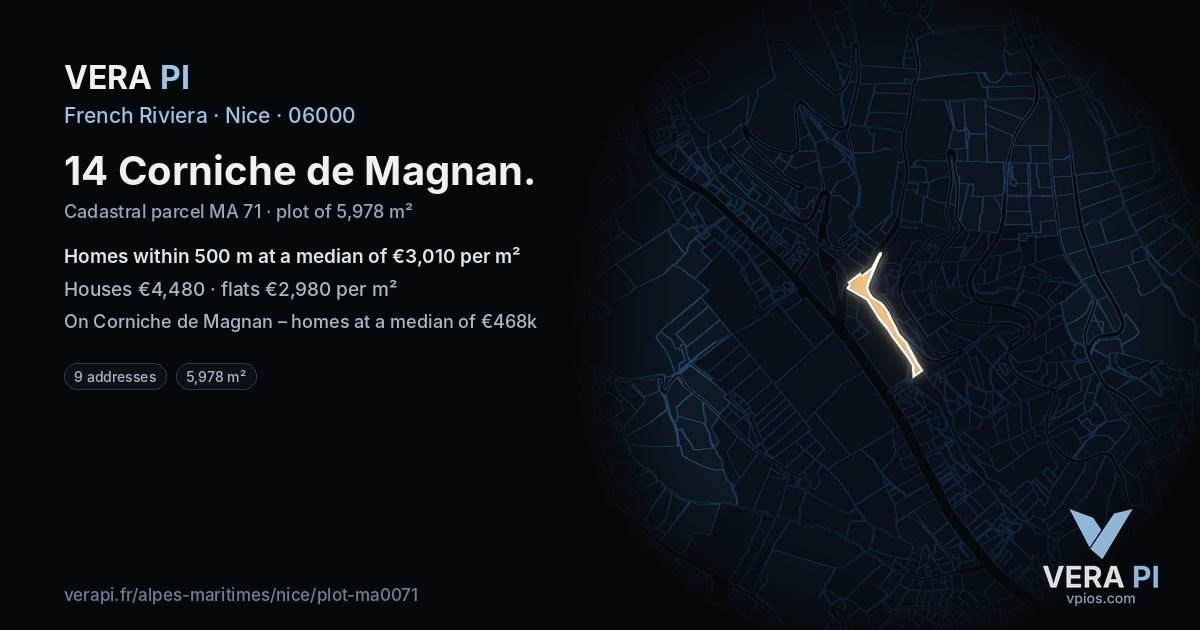 14 Corniche de Magnan, Nice at night – the plot lit, the parcels around coloured by the prices near them