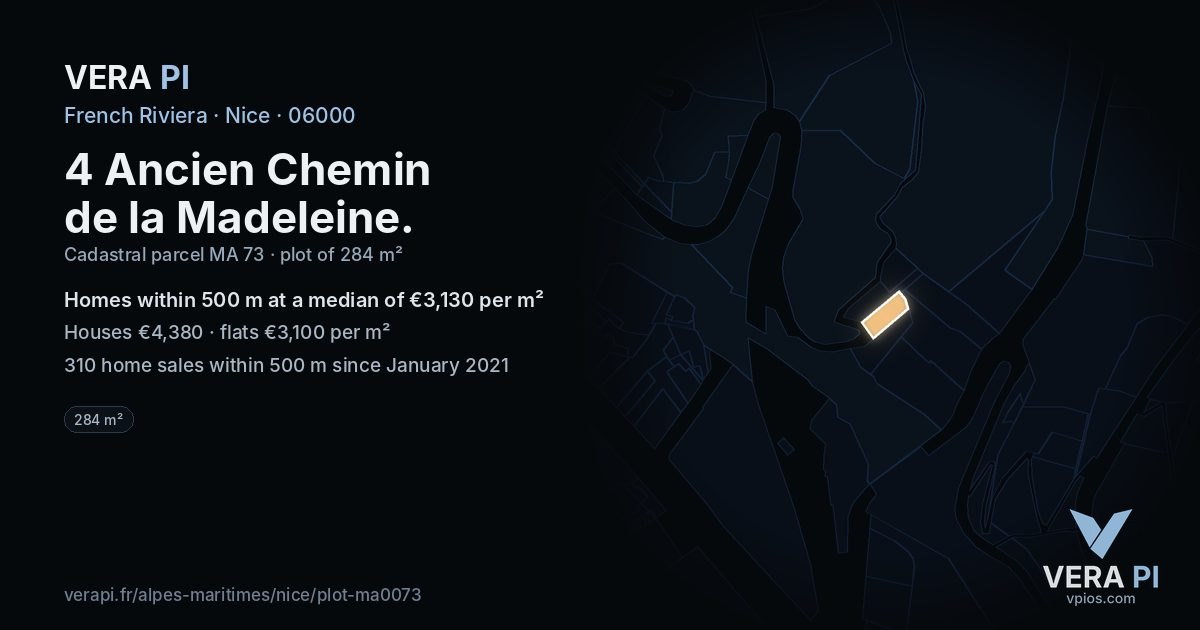 4 Ancien Chemin de la Madeleine, Nice at night – the plot lit, the parcels around coloured by the prices near them