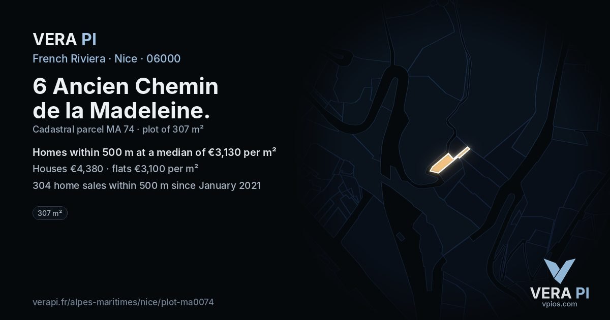 6 Ancien Chemin de la Madeleine, Nice at night – the plot lit, the parcels around coloured by the prices near them