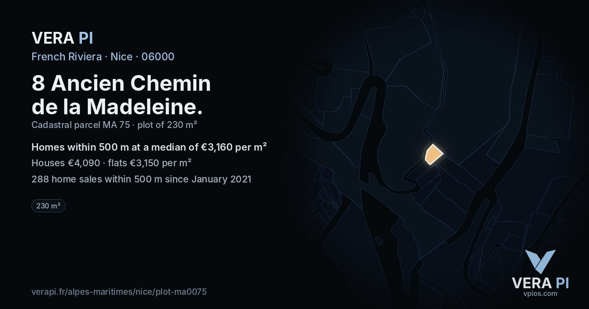 8 Ancien Chemin de la Madeleine, Nice at night – the plot lit, the parcels around coloured by the prices near them