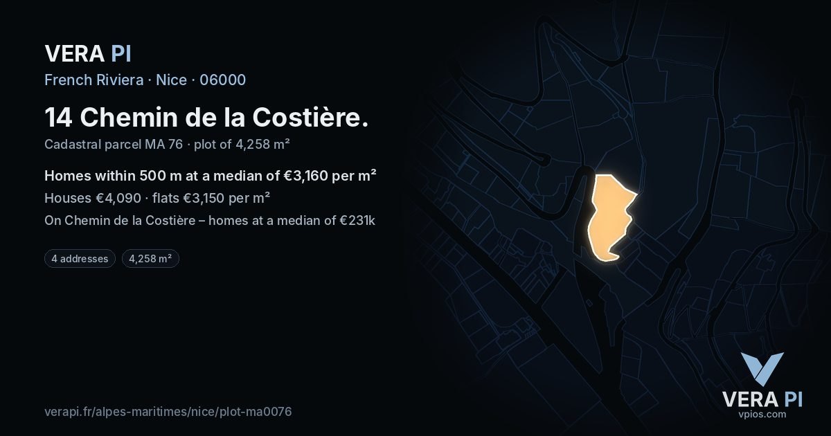 14 Chemin de la Costière, Nice at night – the plot lit, the parcels around coloured by the prices near them