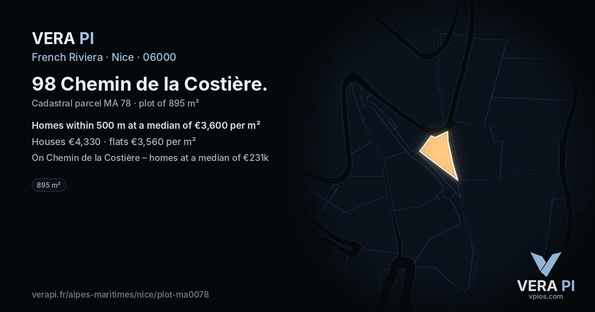 98 Chemin de la Costière, Nice at night – the plot lit, the parcels around coloured by the prices near them