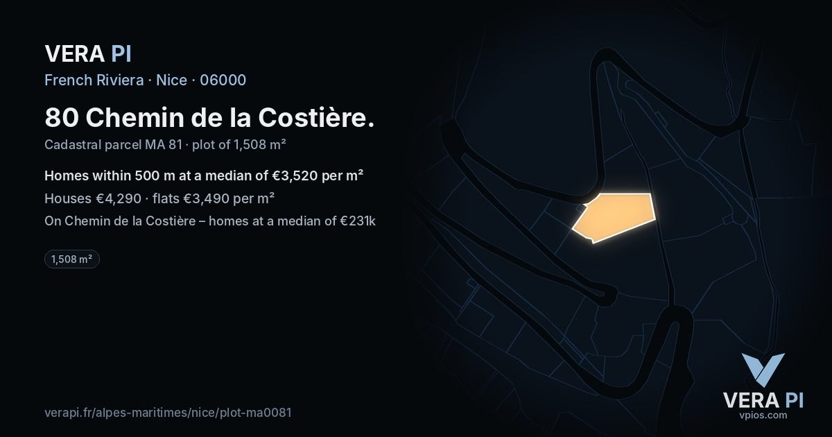 80 Chemin de la Costière, Nice at night – the plot lit, the parcels around coloured by the prices near them