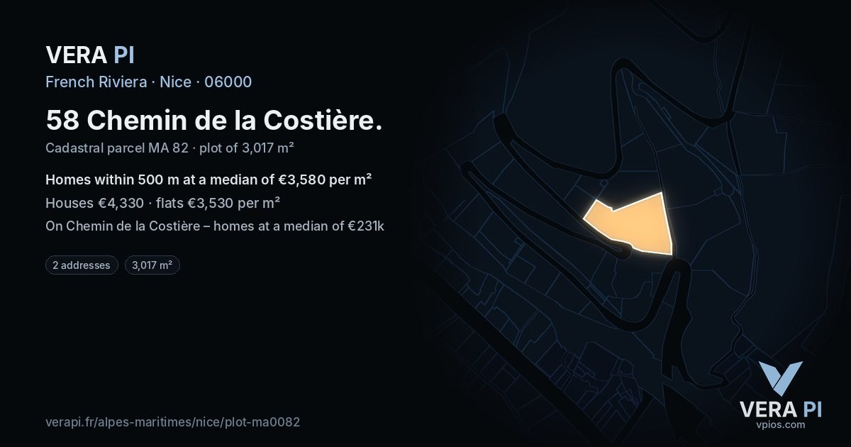 58 Chemin de la Costière, Nice at night – the plot lit, the parcels around coloured by the prices near them