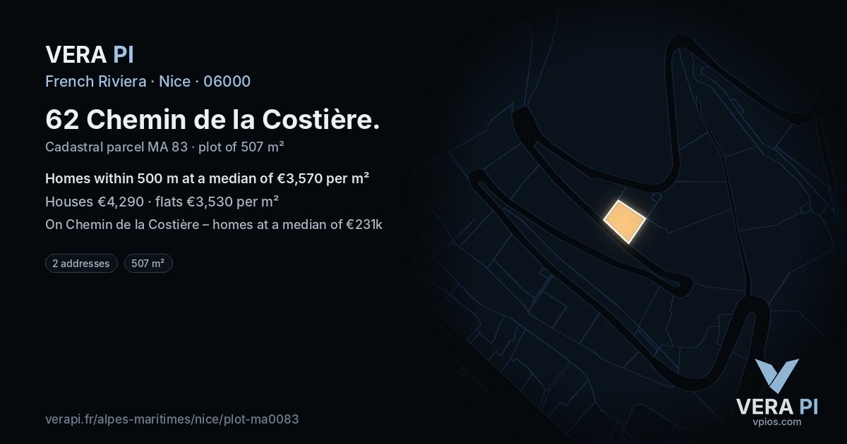 62 Chemin de la Costière, Nice at night – the plot lit, the parcels around coloured by the prices near them