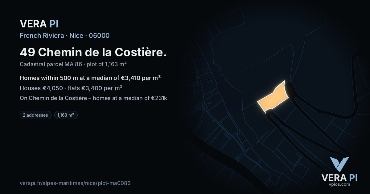 49 Chemin de la Costière, Nice at night – the plot lit, the parcels around coloured by the prices near them