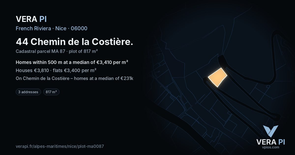 44 Chemin de la Costière, Nice at night – the plot lit, the parcels around coloured by the prices near them