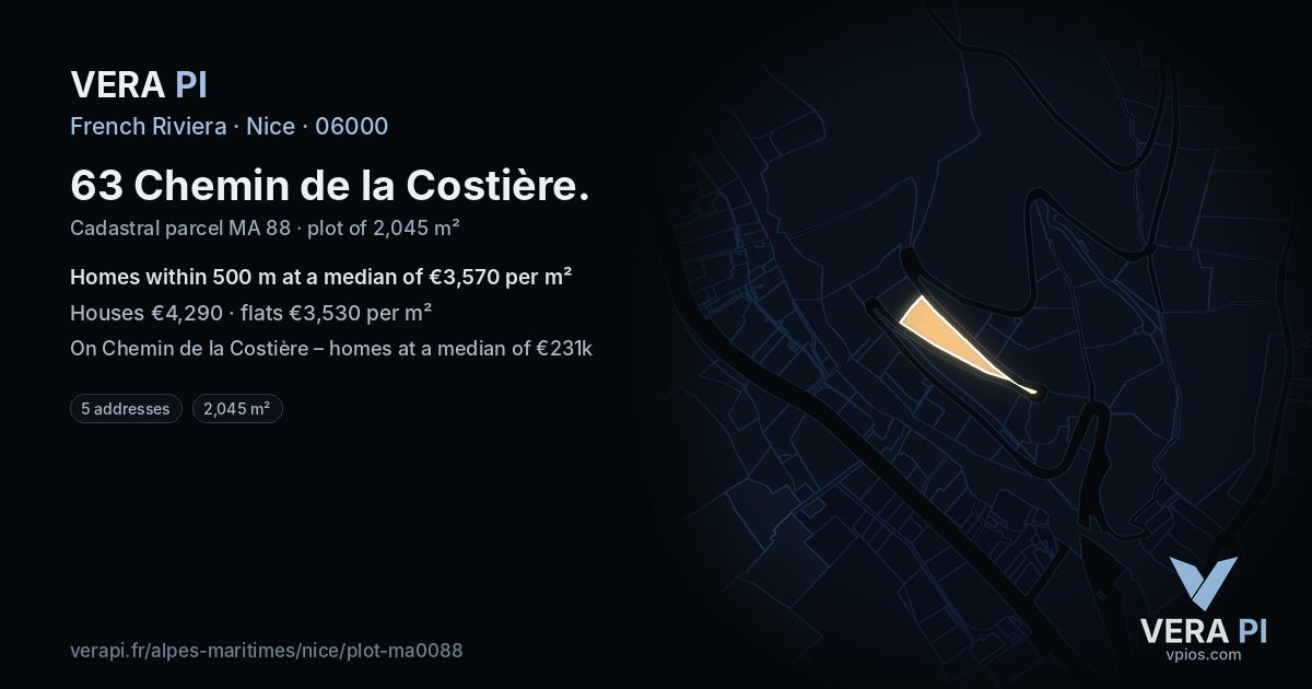 63 Chemin de la Costière, Nice at night – the plot lit, the parcels around coloured by the prices near them