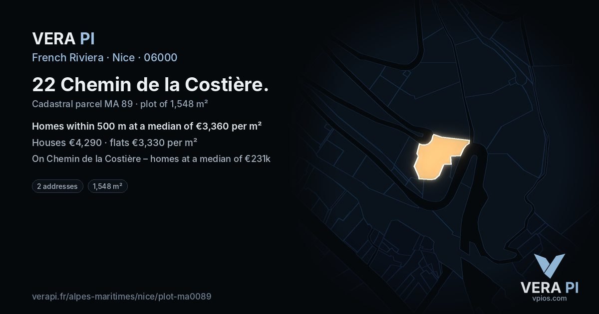 22 Chemin de la Costière, Nice at night – the plot lit, the parcels around coloured by the prices near them