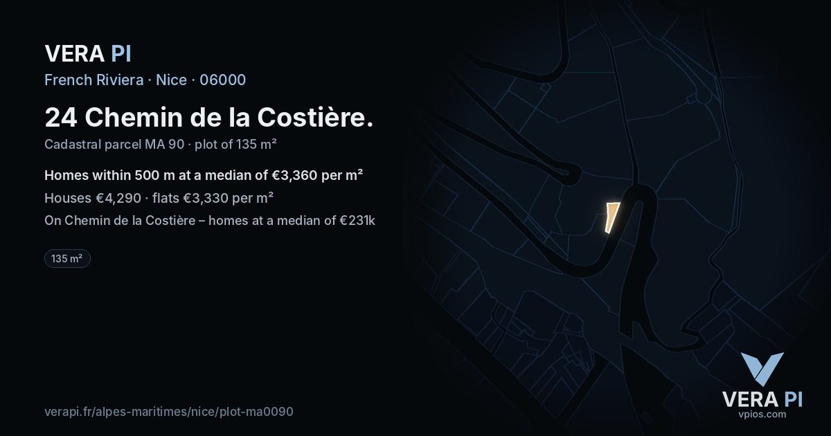 24 Chemin de la Costière, Nice at night – the plot lit, the parcels around coloured by the prices near them