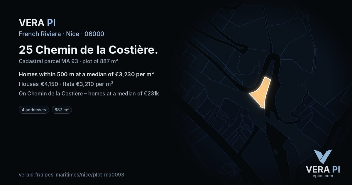 25 Chemin de la Costière, Nice at night – the plot lit, the parcels around coloured by the prices near them