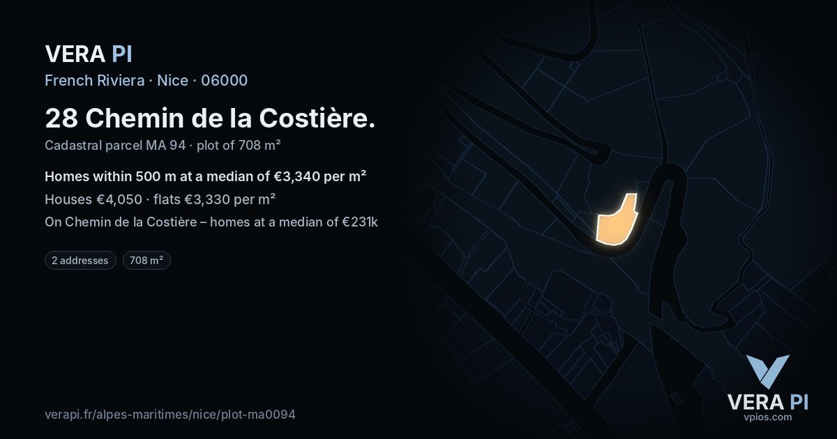 28 Chemin de la Costière, Nice at night – the plot lit, the parcels around coloured by the prices near them