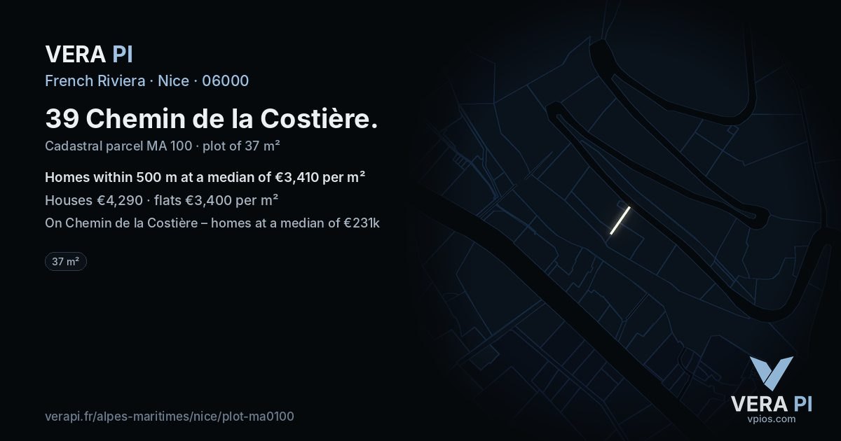 39 Chemin de la Costière, Nice at night – the plot lit, the parcels around coloured by the prices near them