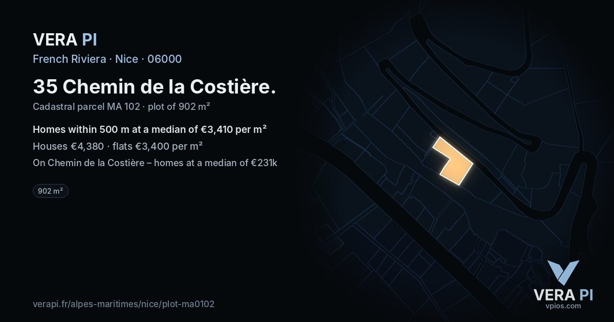 35 Chemin de la Costière, Nice at night – the plot lit, the parcels around coloured by the prices near them