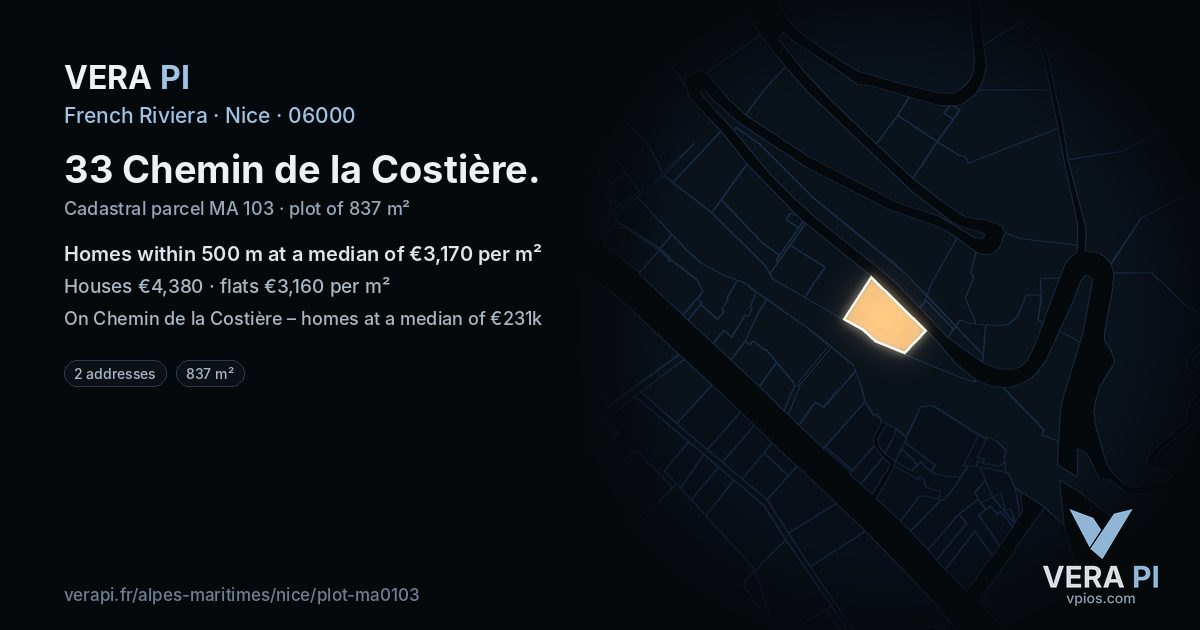 33 Chemin de la Costière, Nice at night – the plot lit, the parcels around coloured by the prices near them