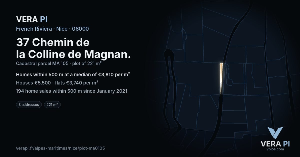 37 Chemin de la Colline de Magnan, Nice at night – the plot lit, the parcels around coloured by the prices near them