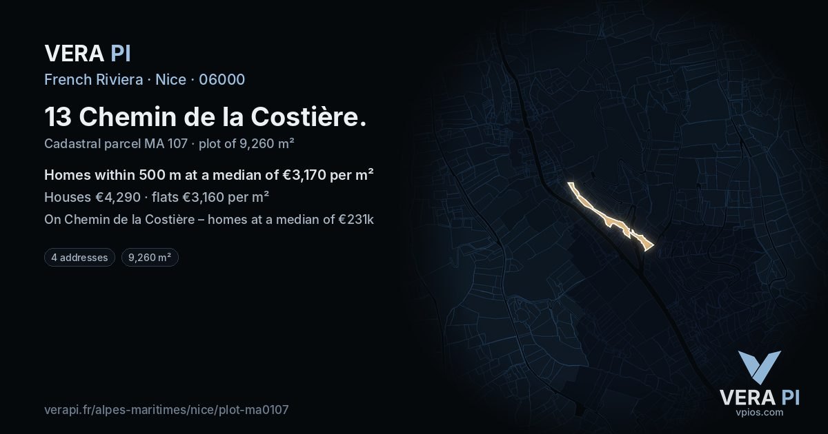 13 Chemin de la Costière, Nice at night – the plot lit, the parcels around coloured by the prices near them