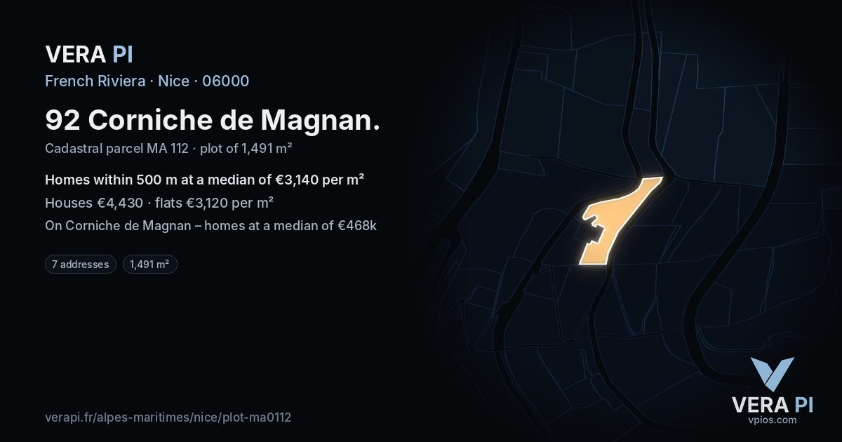92 Corniche de Magnan, Nice at night – the plot lit, the parcels around coloured by the prices near them