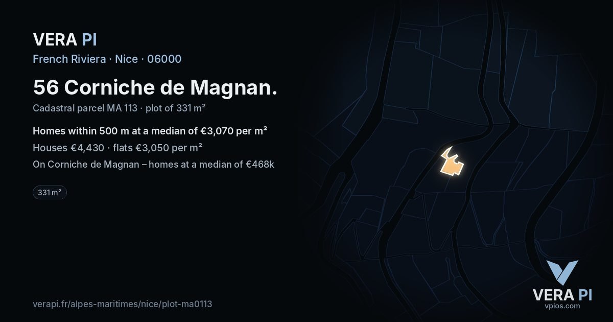 56 Corniche de Magnan, Nice at night – the plot lit, the parcels around coloured by the prices near them