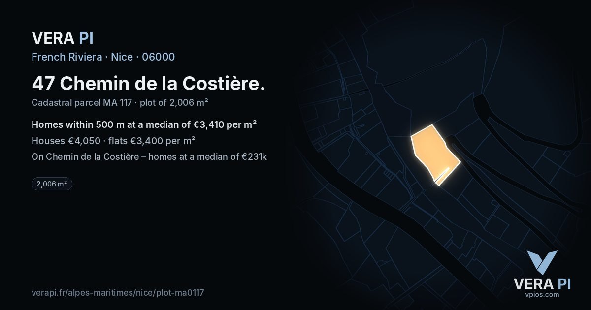 47 Chemin de la Costière, Nice at night – the plot lit, the parcels around coloured by the prices near them