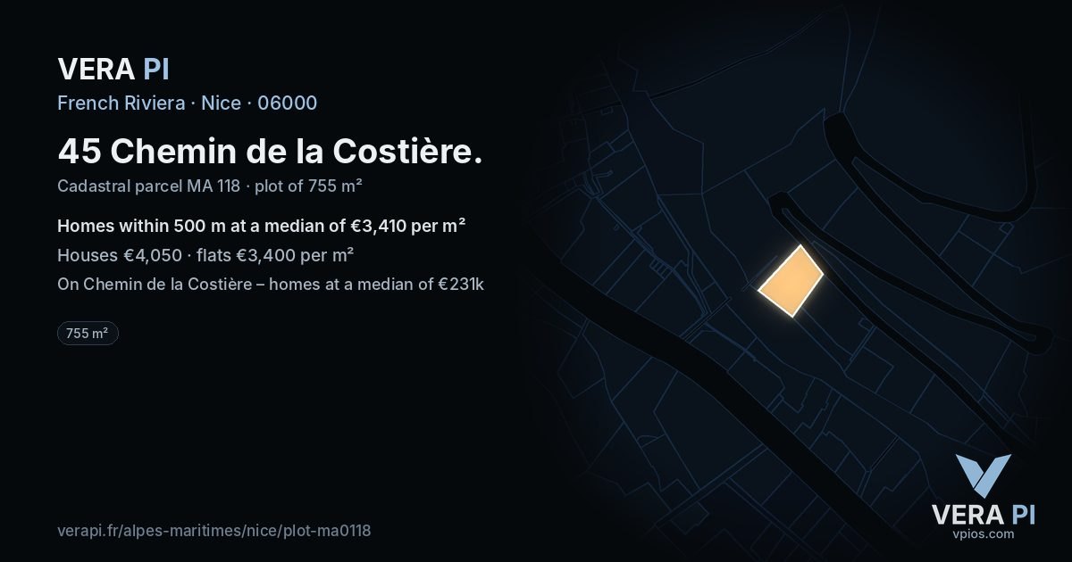 45 Chemin de la Costière, Nice at night – the plot lit, the parcels around coloured by the prices near them